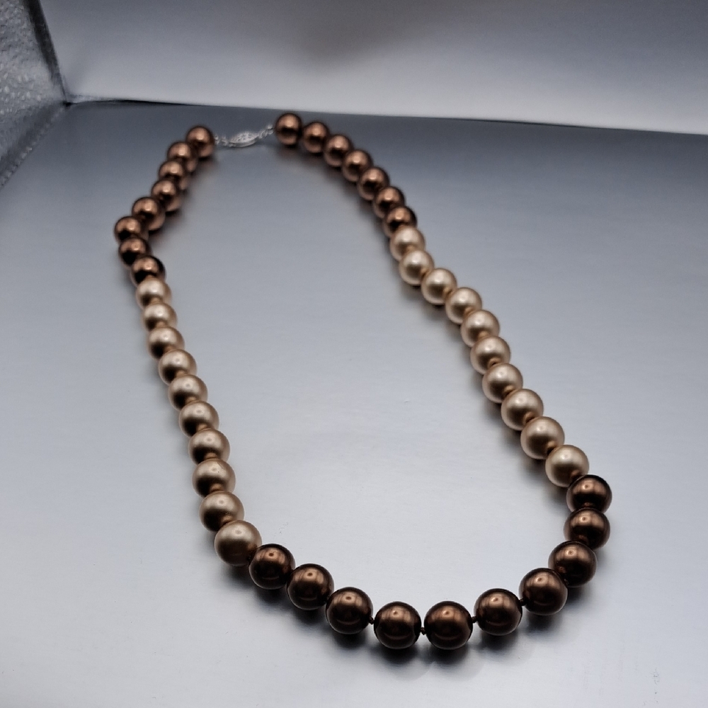 Elegant Brown and Champagne Cream Pearl Necklace Filgree Hook Amd Eye Clasp